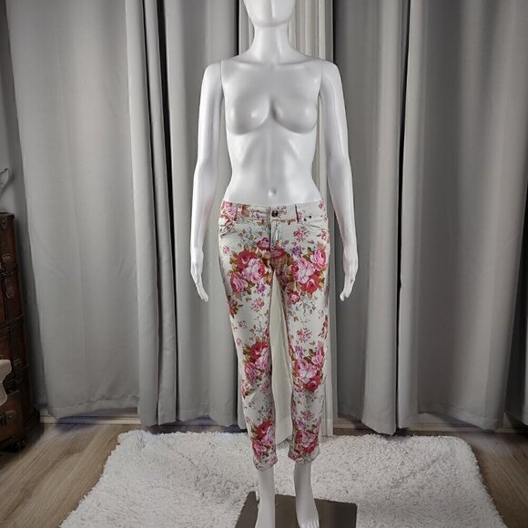 Together Apparel Pink, White, Purple Floral Ankle Crop Cotton Jeans Size S - Picture 1 of 11
